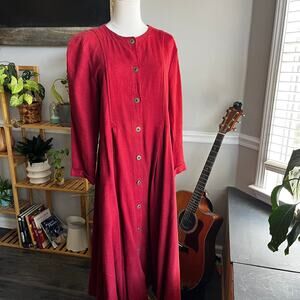 Vintage 90s Red Linen Long Sleeve Button Front Maxi Dress Size Medium